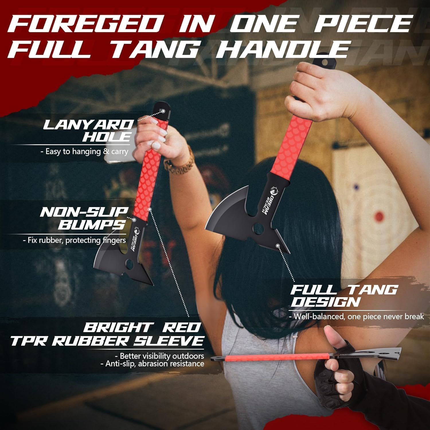 3-Pack Dream Reach Throwing Axe Set with Full Tang Handle, TPR Rubber Sleeve, and Sheaths - Safe for Recreation and Competition
