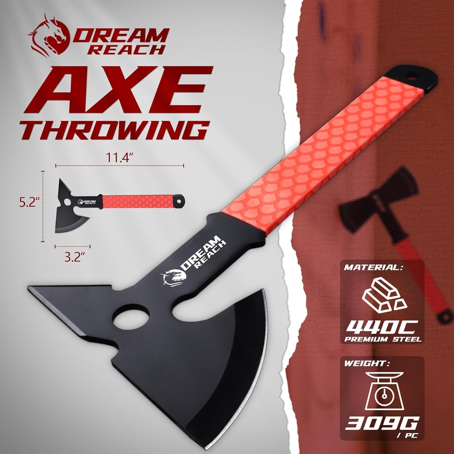 3-Pack Dream Reach Throwing Axe Set with Full Tang Handle, TPR Rubber Sleeve, and Sheaths - Safe for Recreation and Competition
