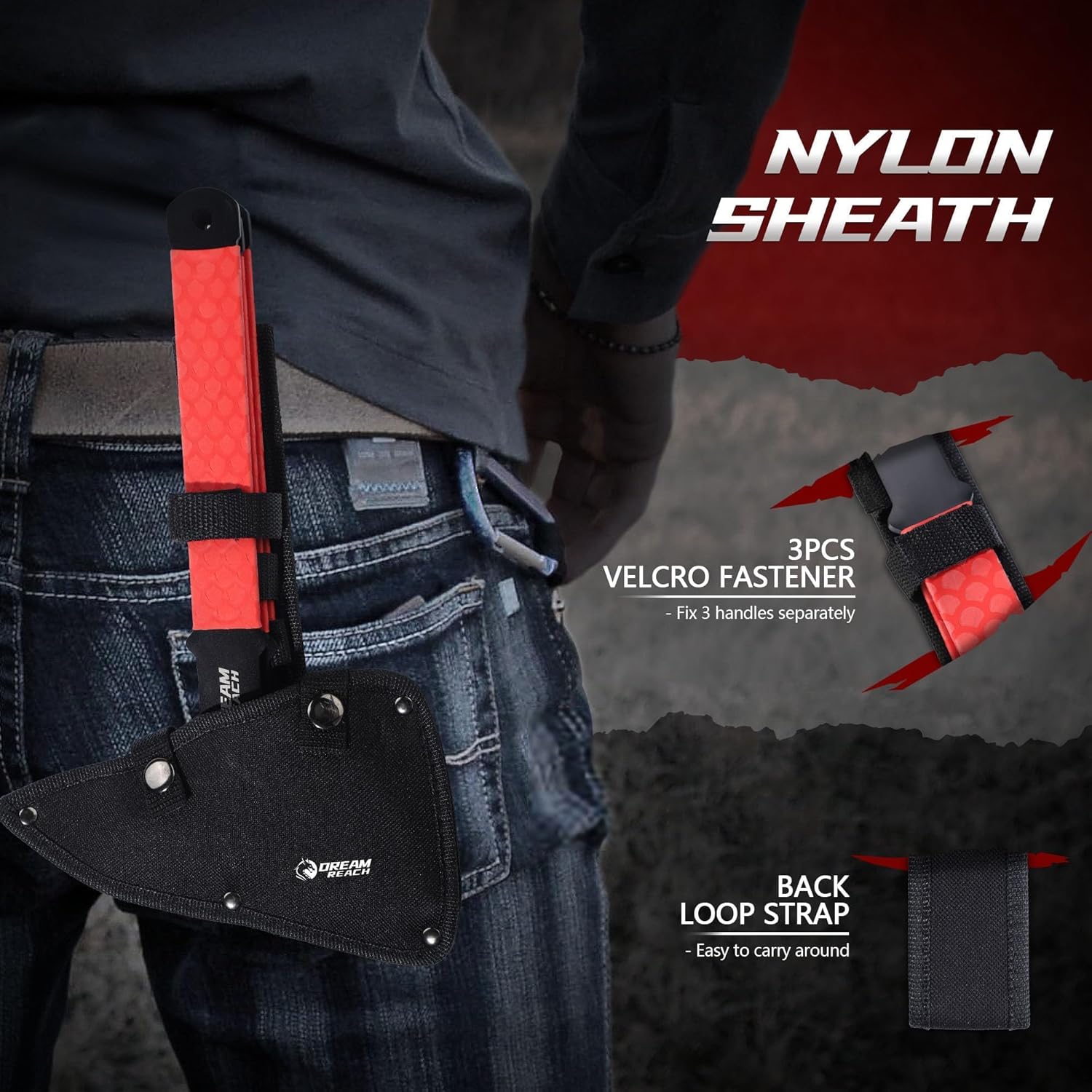 3-Pack Dream Reach Throwing Axe Set with Full Tang Handle, TPR Rubber Sleeve, and Sheaths - Safe for Recreation and Competition