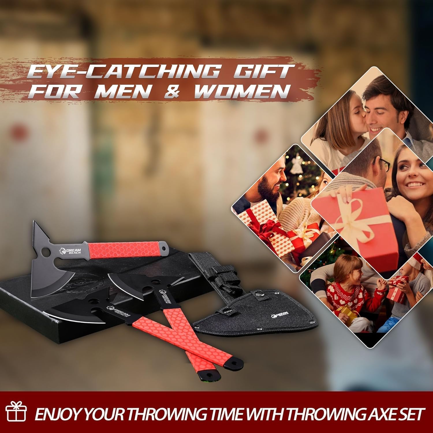 3-Pack Dream Reach Throwing Axe Set with Full Tang Handle, TPR Rubber Sleeve, and Sheaths - Safe for Recreation and Competition