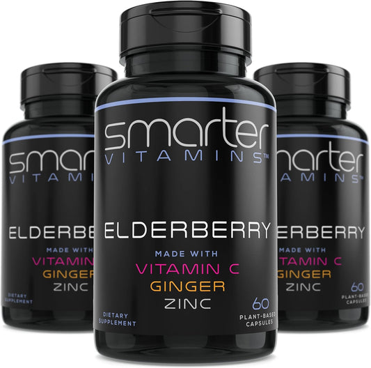 3 Pack Elderberry Capsules with Vitamin C, Ginger, and Zinc - Powerful Antioxidant Herbal Supplement, 180 Vegan Pills by SmarterVitamins