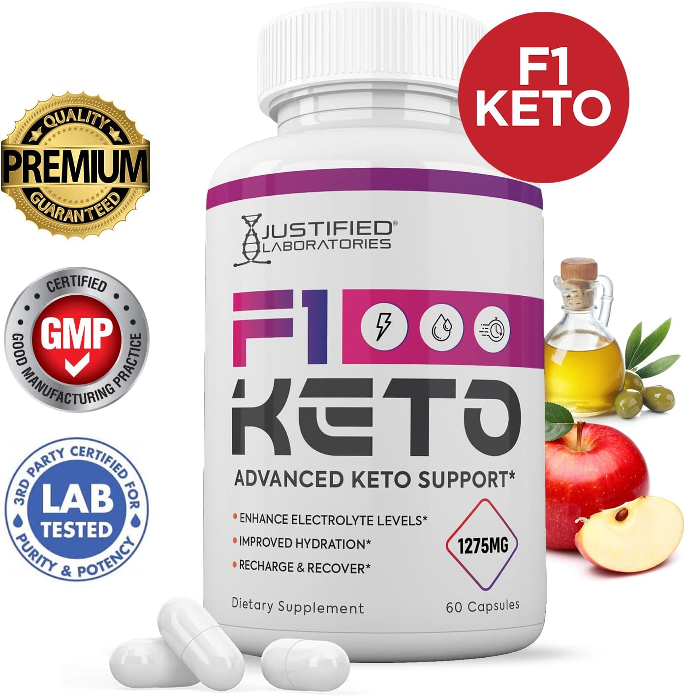 3 Pack F1 Keto Pills 1275MG with Apple Cider Vinegar, Olive Oil, Green Tea - 180 Capsules by Justified Laboratories