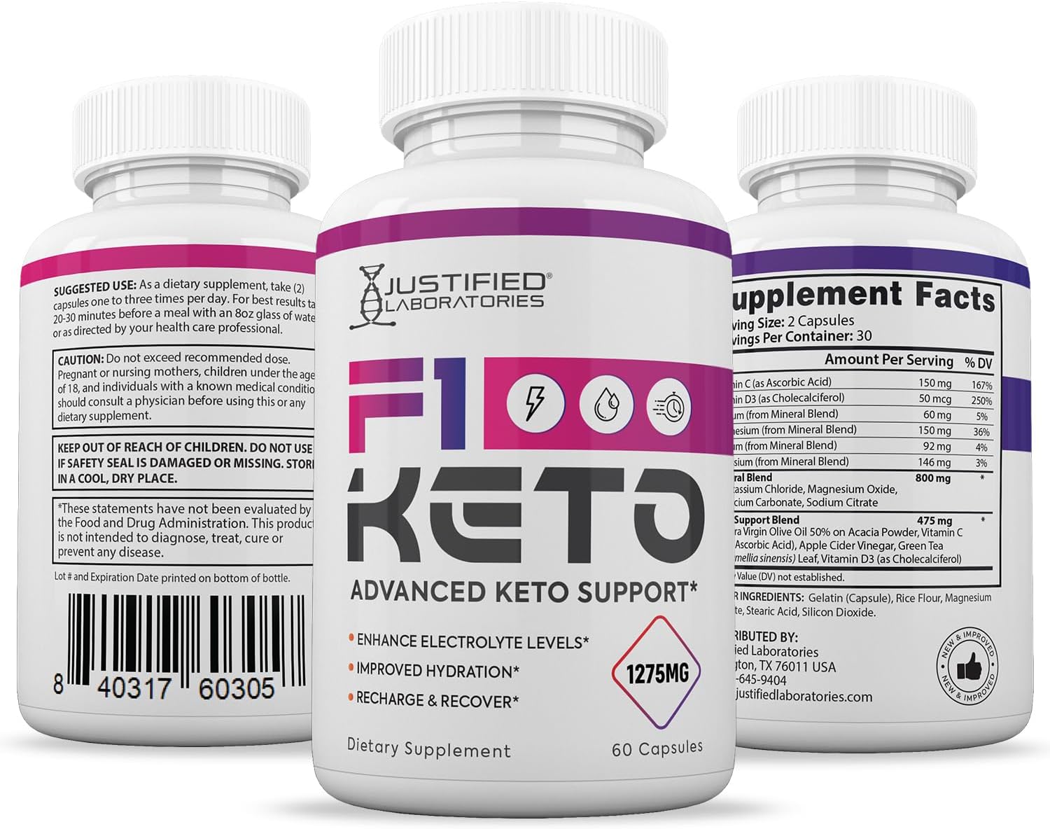 3 Pack F1 Keto Pills 1275MG with Apple Cider Vinegar, Olive Oil, Green Tea - 180 Capsules by Justified Laboratories