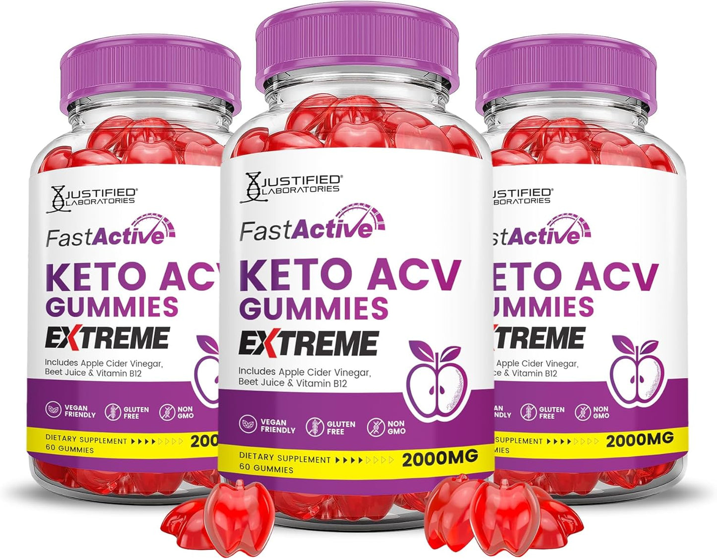 3 Pack Fast Active Keto ACV Gummies - 2000MG Extreme Strength with Pomegranate & Beet Juice - B12 Vegan Non GMO - 180 Gummies