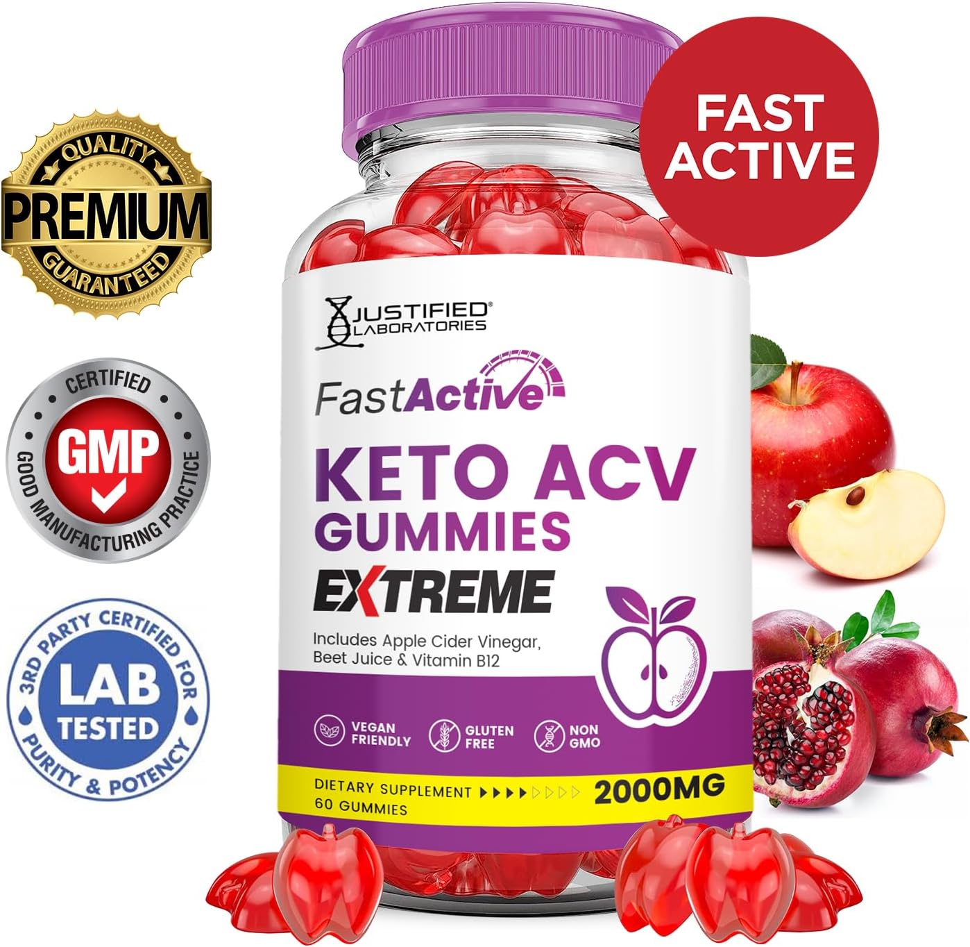 3 Pack Fast Active Keto ACV Gummies - 2000MG Extreme Strength with Pomegranate & Beet Juice - B12 Vegan Non GMO - 180 Gummies