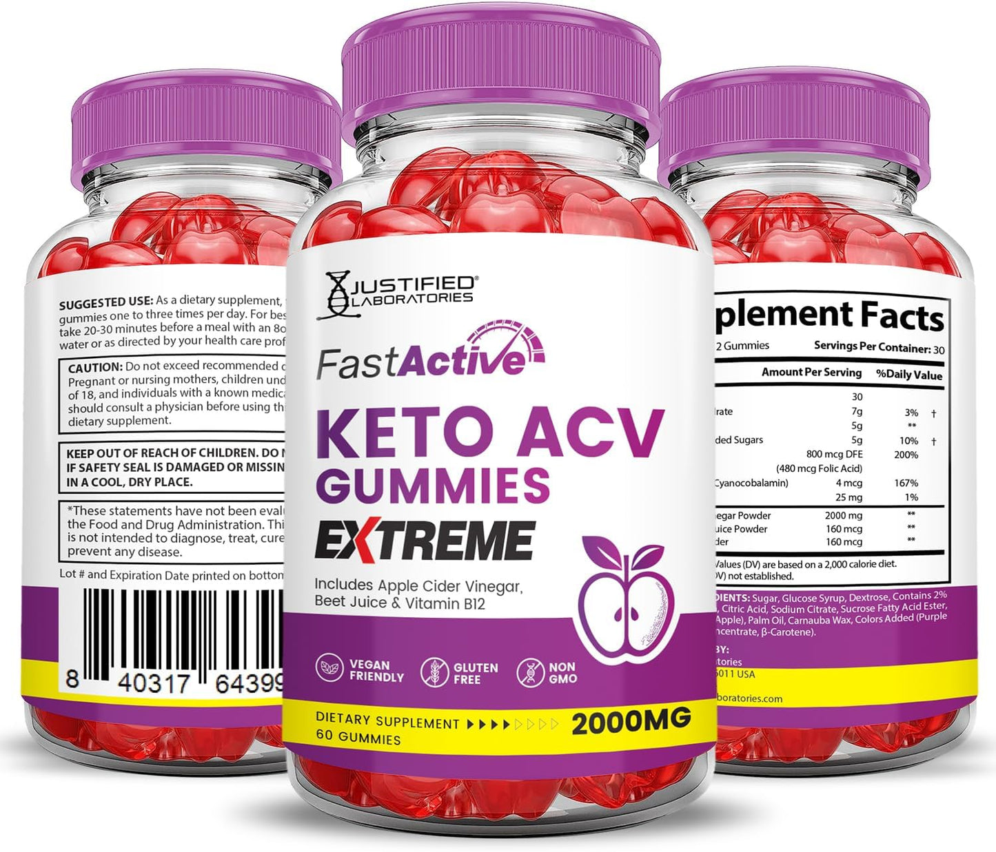 3 Pack Fast Active Keto ACV Gummies - 2000MG Extreme Strength with Pomegranate & Beet Juice - B12 Vegan Non GMO - 180 Gummies