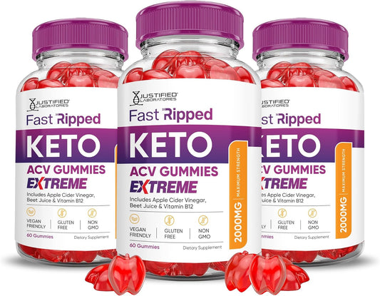 3 Pack Fast Ripped Keto ACV Gummies 2000MG with Pomegranate Beet Juice Powder - Vegan Non GMO 180 Gummys