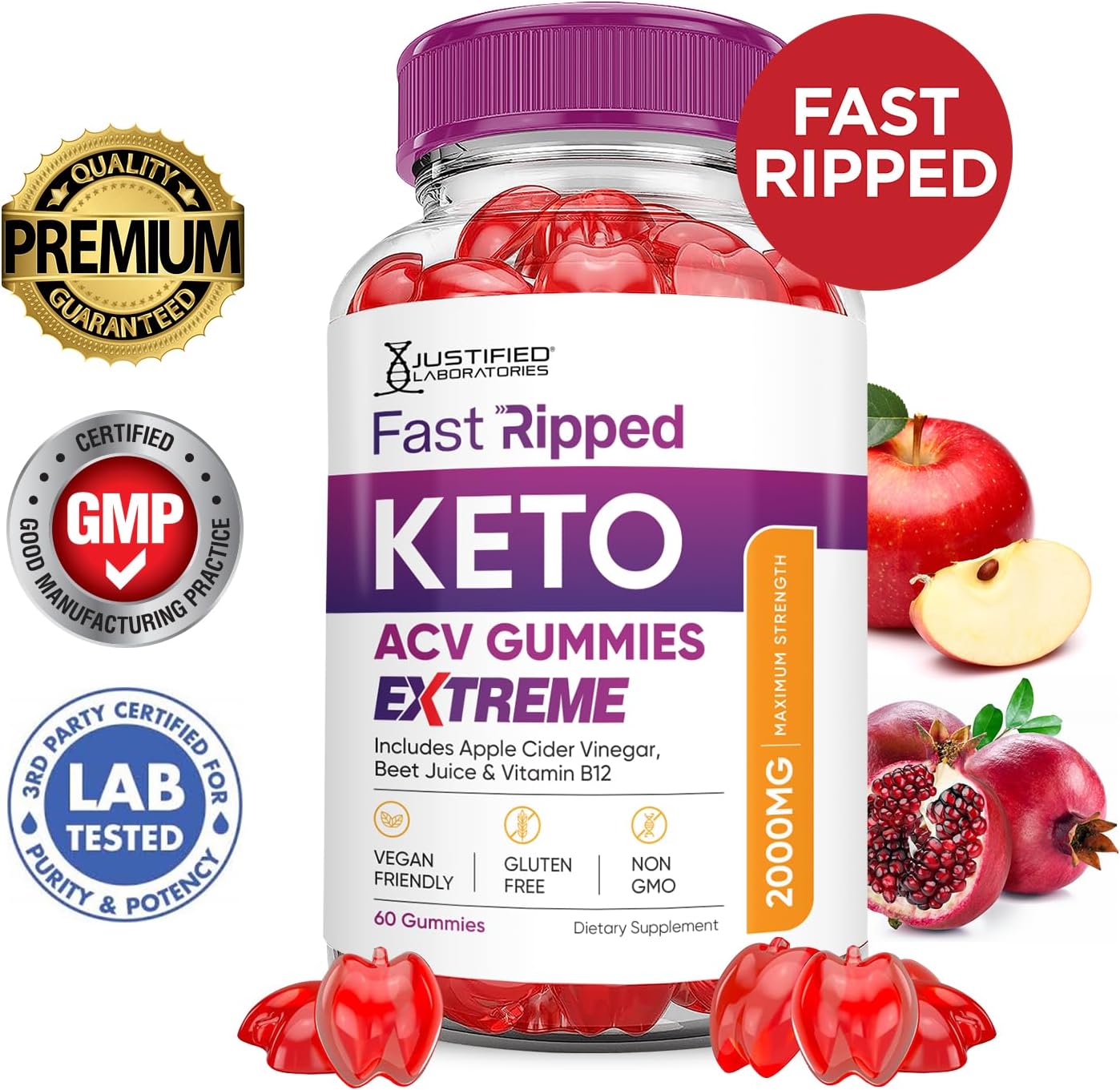3 Pack Fast Ripped Keto ACV Gummies 2000MG with Pomegranate Beet Juice Powder - Vegan Non GMO 180 Gummys