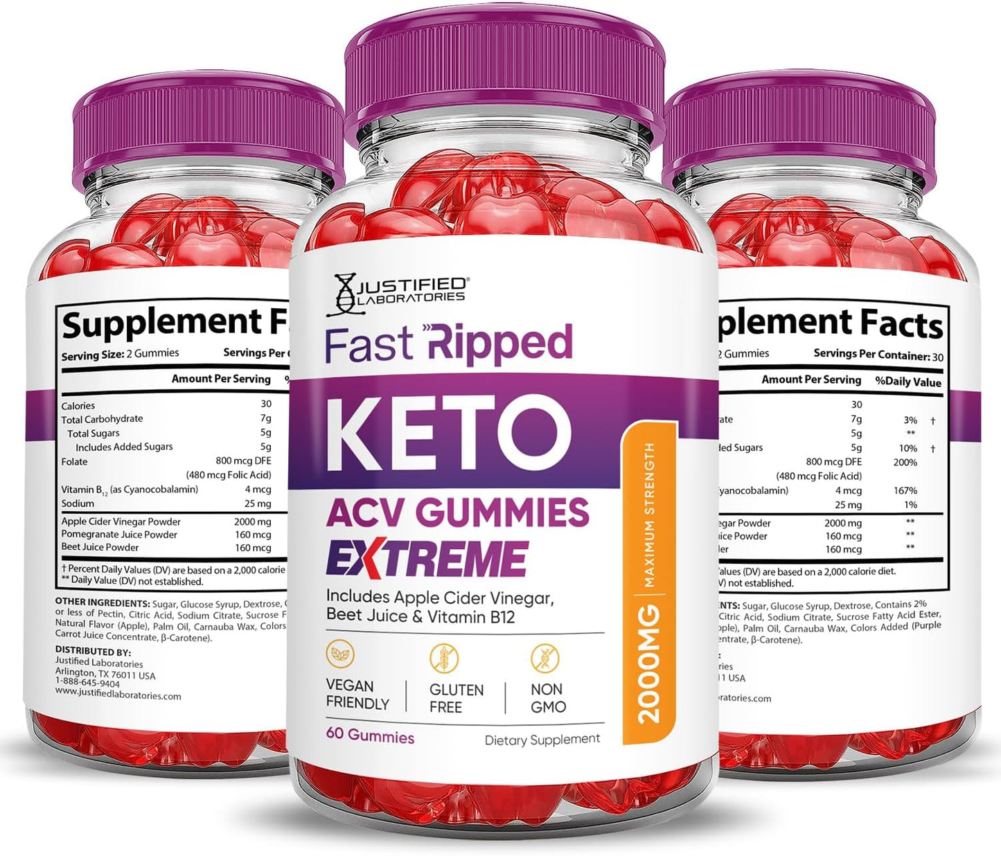3 Pack Fast Ripped Keto ACV Gummies 2000MG with Pomegranate Beet Juice Powder - Vegan Non GMO 180 Gummys