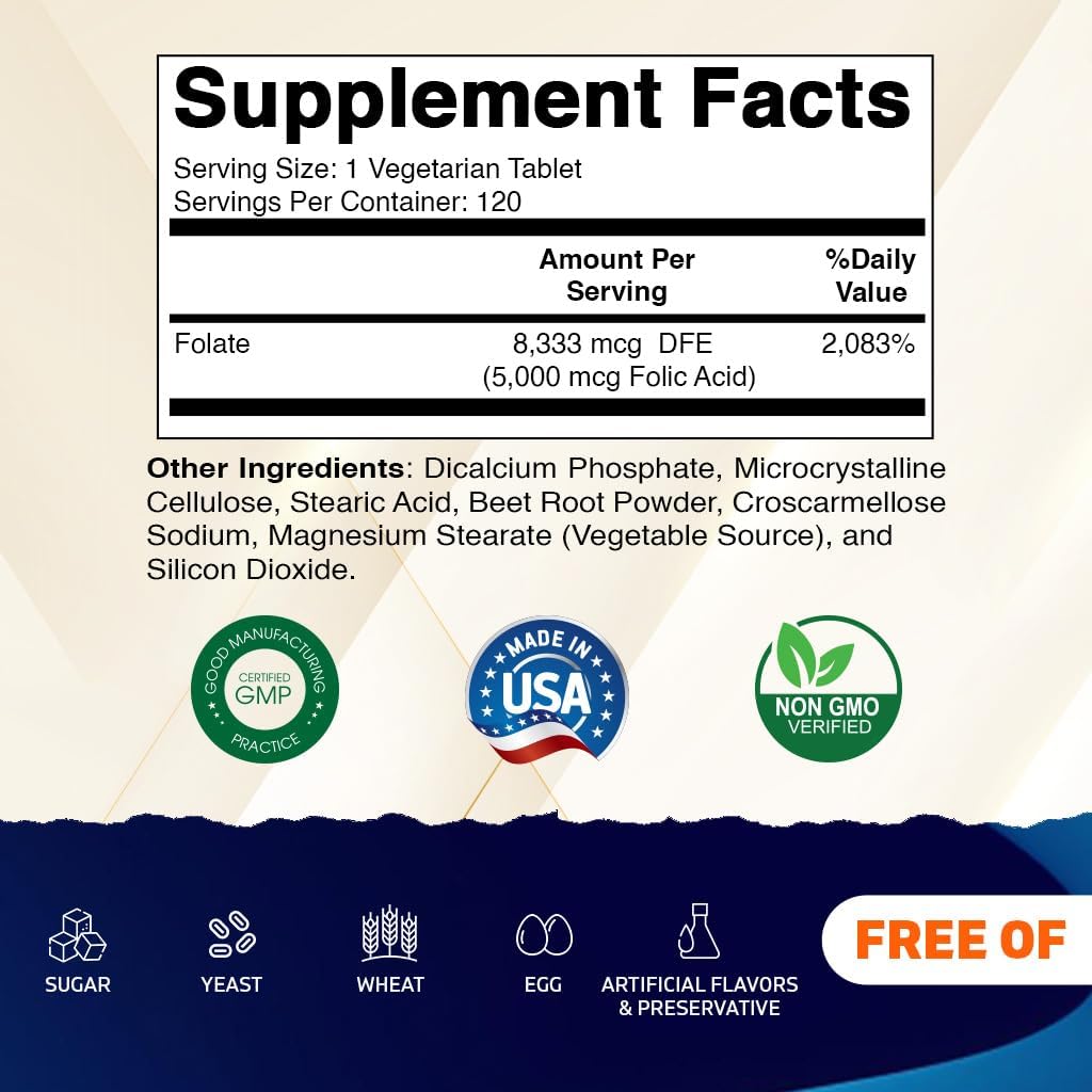 3 Pack Folic Acid 5mg (5000 mcg) - 120 Vegetarian Tablets - Vitamin B9 Folate - Total 360 Tablets