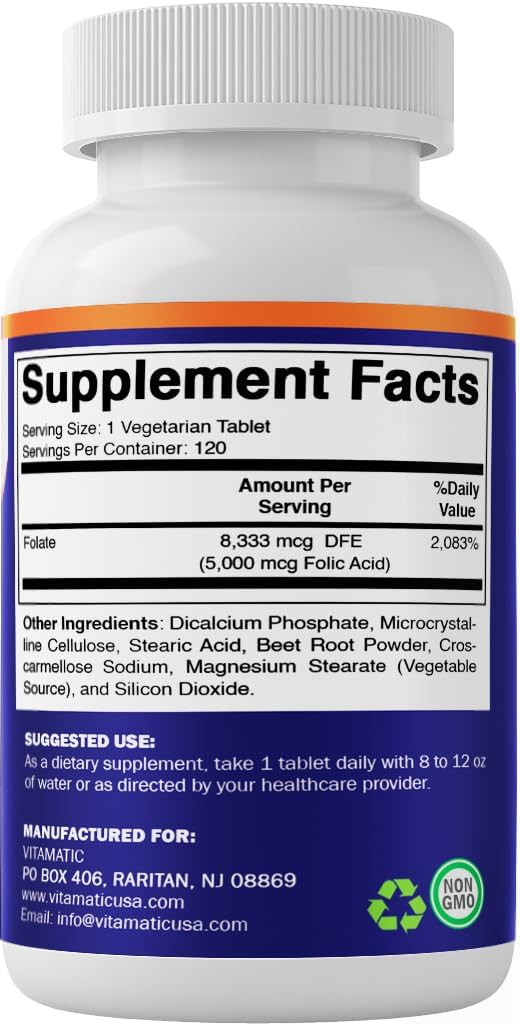 3 Pack Folic Acid 5mg (5000 mcg) - 120 Vegetarian Tablets - Vitamin B9 Folate - Total 360 Tablets