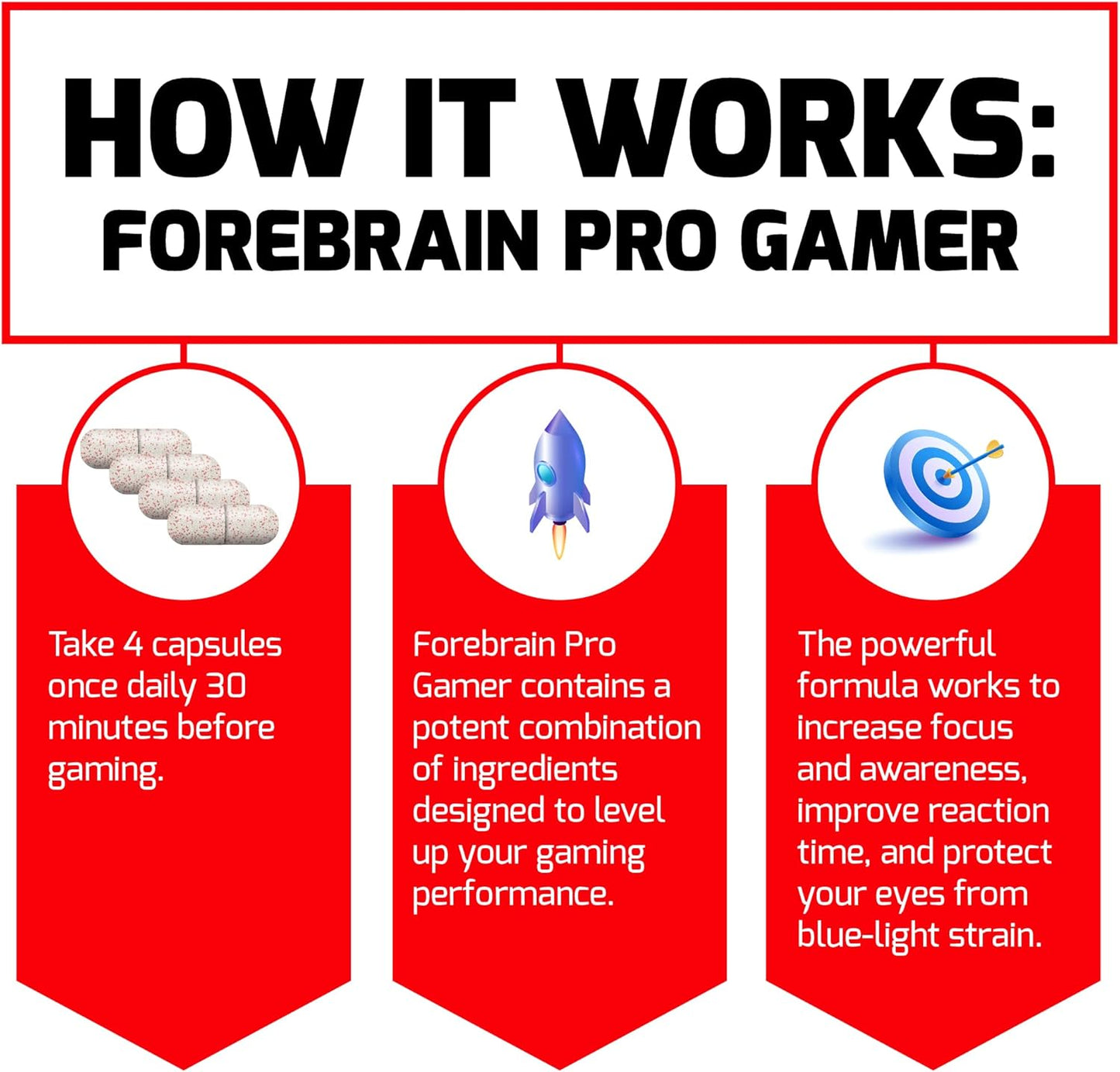3-Pack FORCE FACTOR Forebrain Pro Gamer Brain Booster Capsules - Enhance Focus & Awareness for Gamers with Nootropic Gaming Supplement