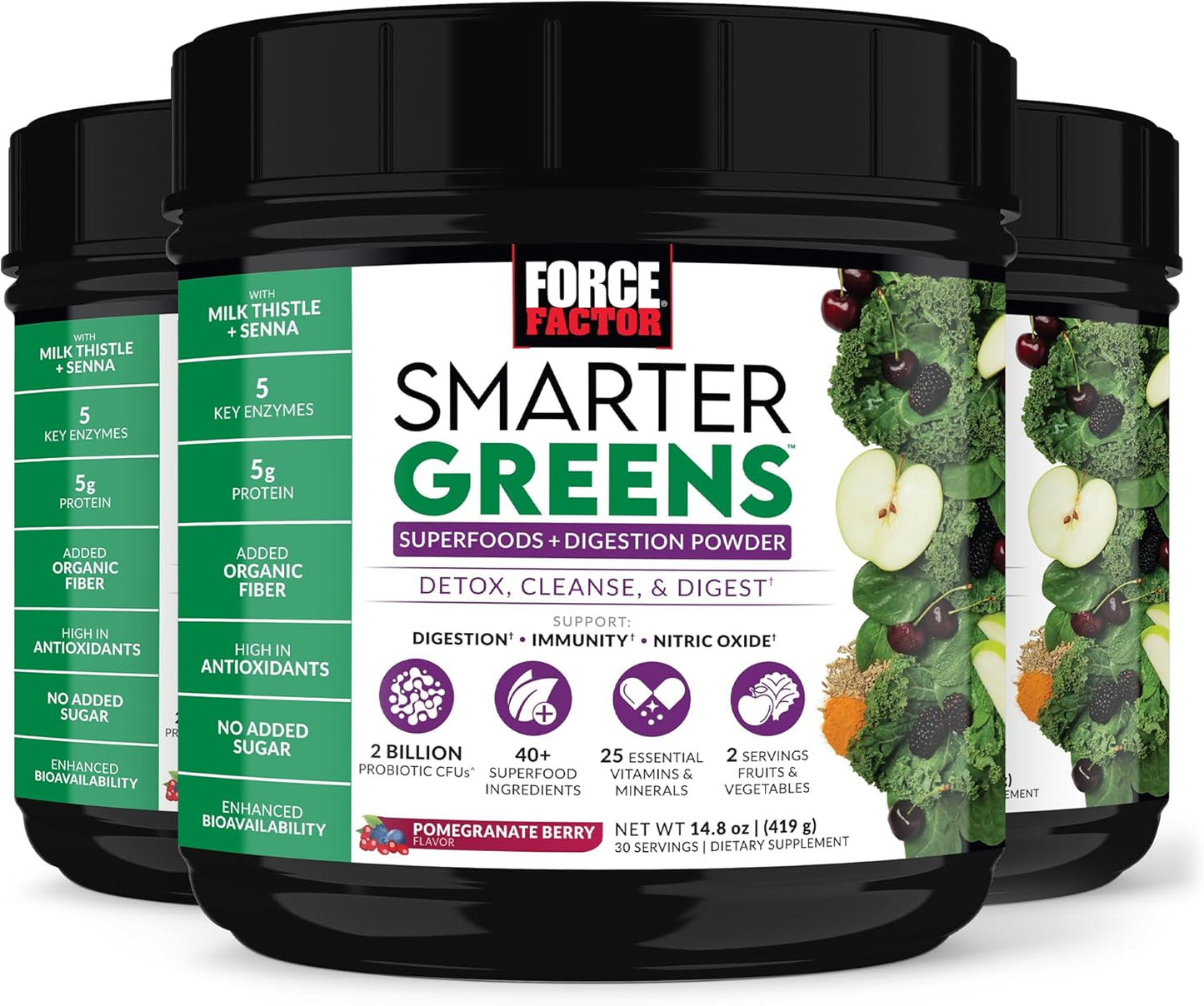 3-Pack Force Factor Smarter Greens Superfoods + Digestion Powder - Greens Powder with Probiotics, Enzymes, Antioxidants - Detox, Cleanse, Immunity Support - 90 Servings
