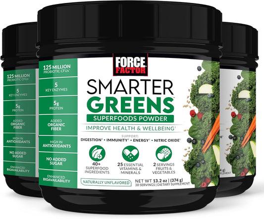 3-Pack Force Factor Smarter Greens Superfoods Powder - Supports Digestion, Immunity, Energy - Probiotics, Enzymes, Antioxidants, Fiber - 90 Servings