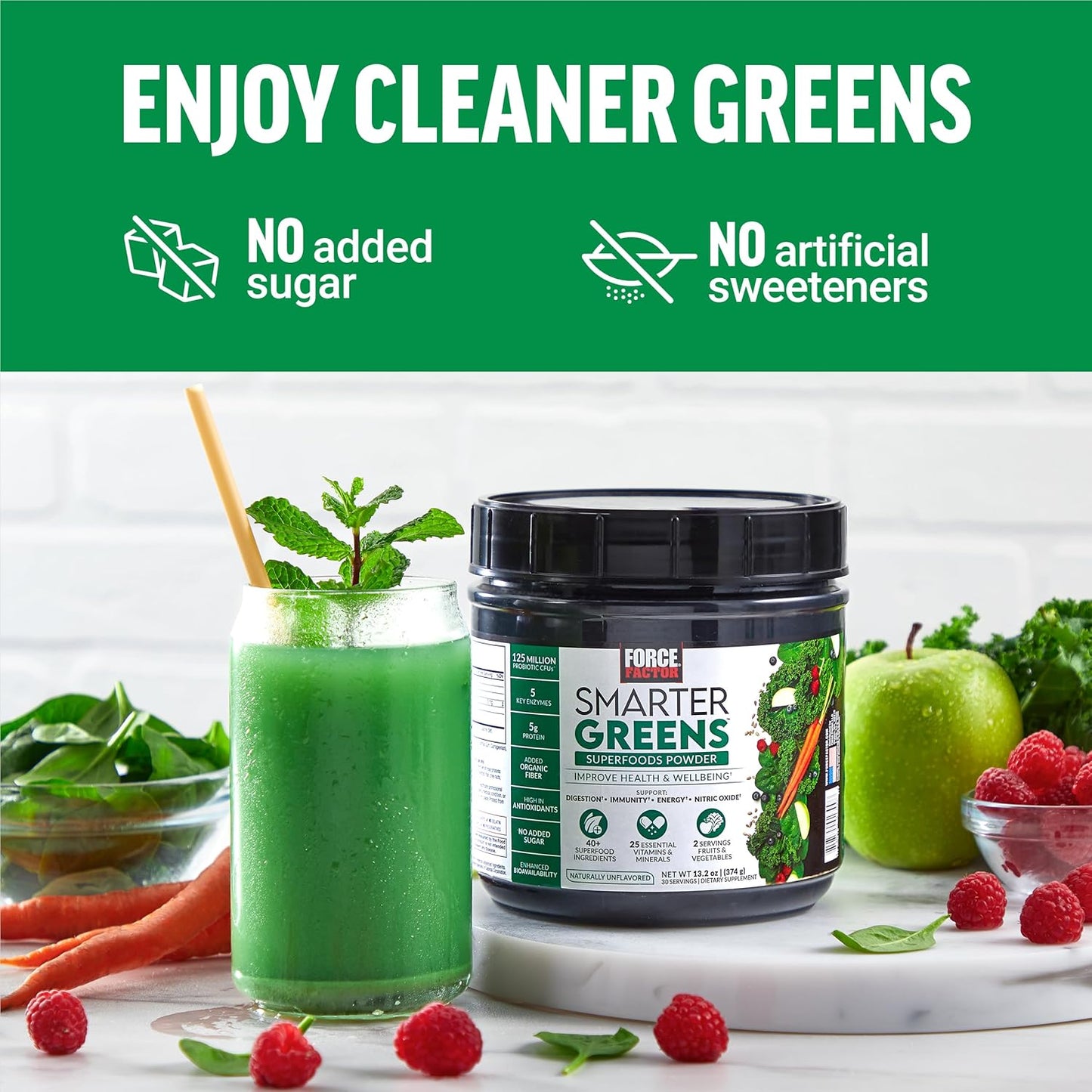 3-Pack Force Factor Smarter Greens Superfoods Powder - Supports Digestion, Immunity, Energy - Probiotics, Enzymes, Antioxidants, Fiber - 90 Servings