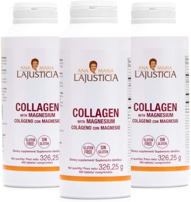 3 Pack High Absorption Collagen Pills with Magnesium by Ana María Lajusticia - Promotes Healthy Skin, Nails, Hair, and Ligaments. Natural Supplement with 450 Tablets.