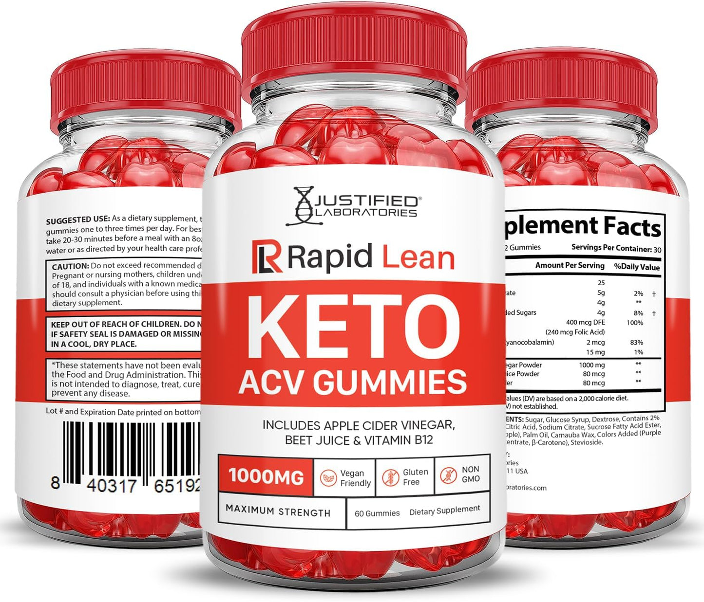 3 Pack Justified Laboratories Rapid Lean Keto ACV Gummies - 1000MG Advanced Formula with Apple Cider Vinegar and Pomegranate Beet Juice Powder - B12 Vegan Non GMO - 180 Gummys