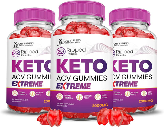3-Pack Justified Laboratories Ripped Results Keto ACV Gummies - Extreme 2000MG with Apple Cider Vinegar, Pomegranate, Beet Juice Powder, B12 - Vegan, Non-GMO - 180 Gummies