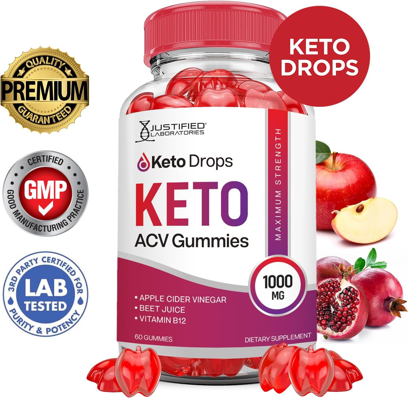 3 Pack Keto Drops Keto ACV Gummies - 1000MG Advanced Formula with Pomegranate Beet Juice Powder - B12 Vegan Non GMO 180 Gummys