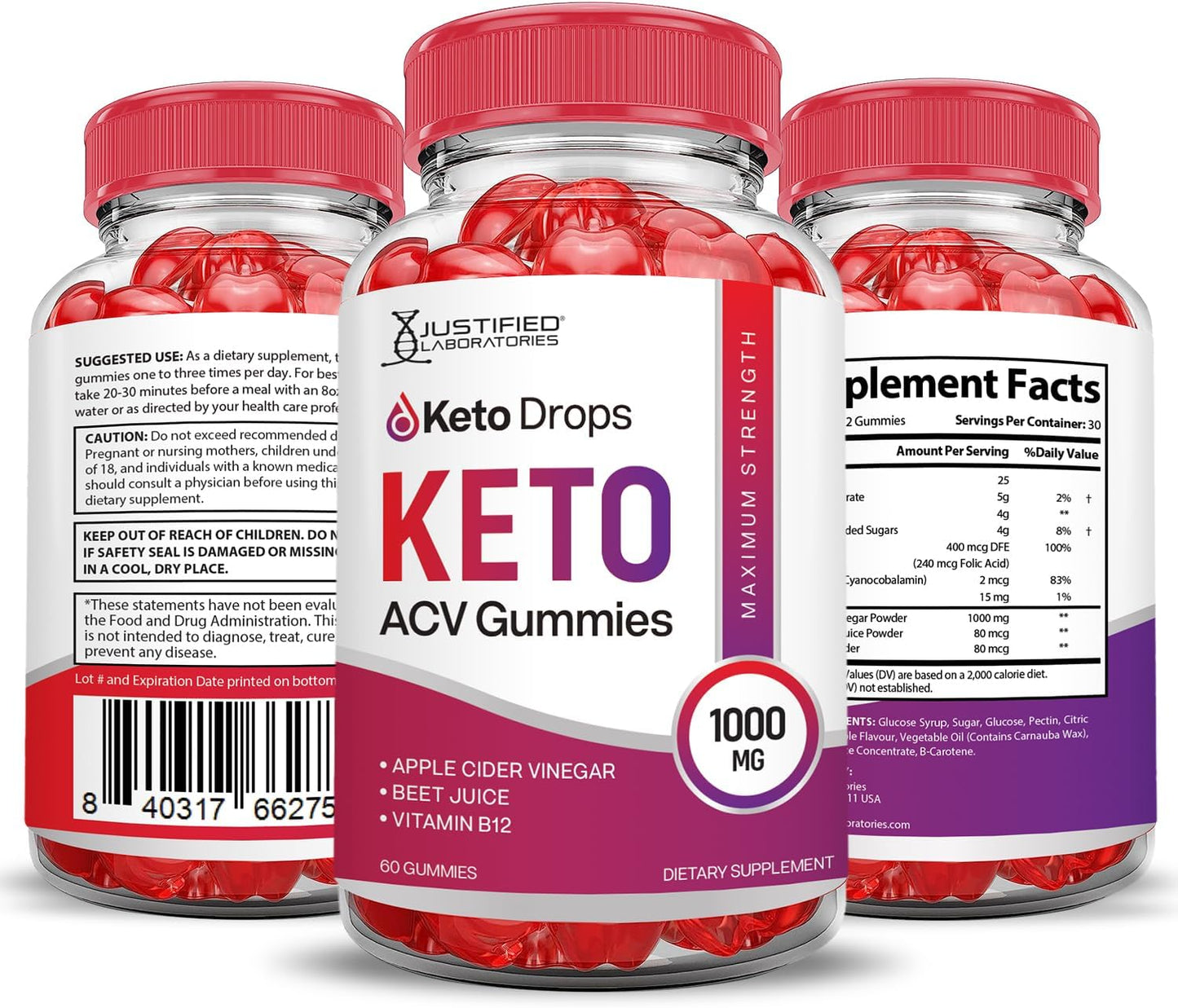 3 Pack Keto Drops Keto ACV Gummies - 1000MG Advanced Formula with Pomegranate Beet Juice Powder - B12 Vegan Non GMO 180 Gummys