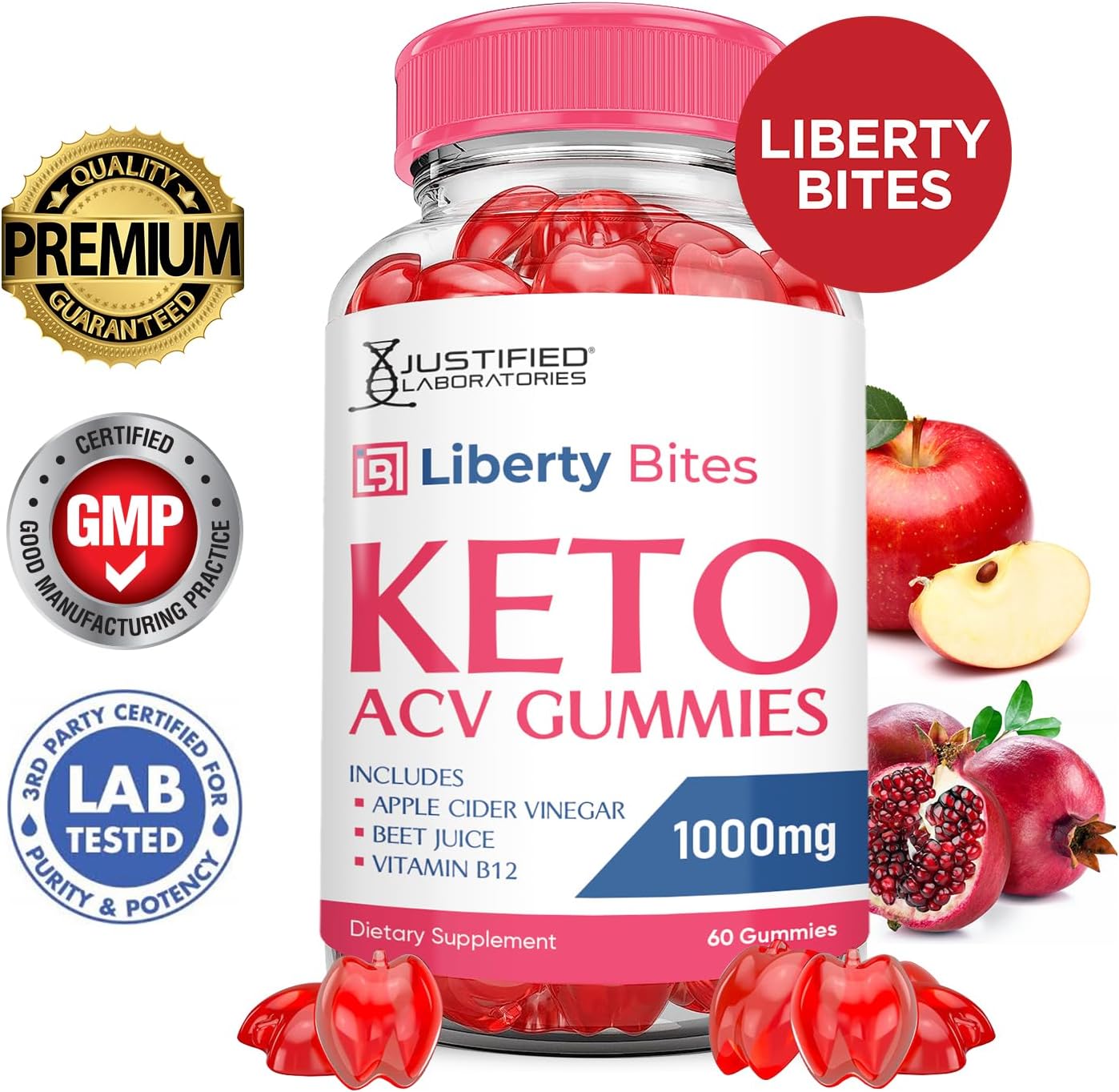 3 Pack Liberty Bites Keto ACV Gummies 1000MG - Apple Cider Vinegar with Pomegranate & Beet Juice - Vegan Non GMO - 180 Gummys