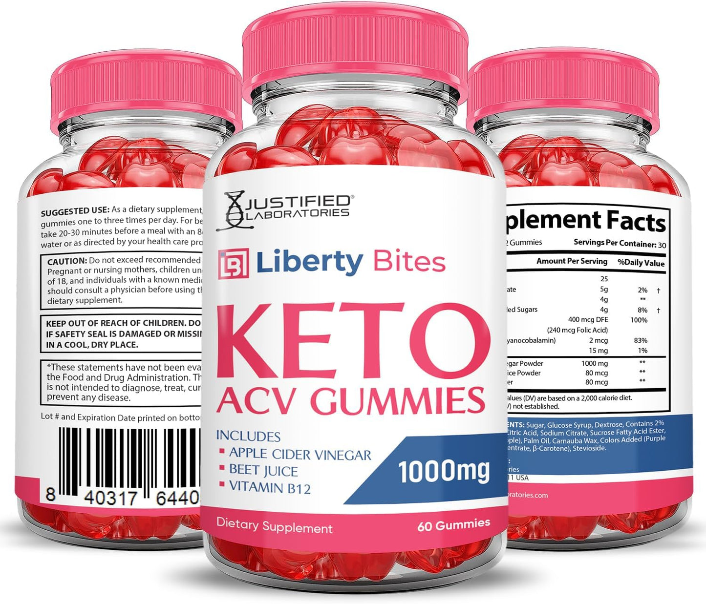 3 Pack Liberty Bites Keto ACV Gummies 1000MG - Apple Cider Vinegar with Pomegranate & Beet Juice - Vegan Non GMO - 180 Gummys