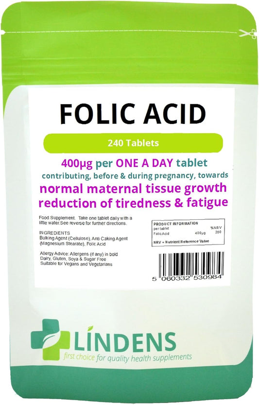 3-Pack Lindens Folic Acid Tablets - 720 Tablets, 400mcg, ONE A Day - Vitamin B-9 Supplement