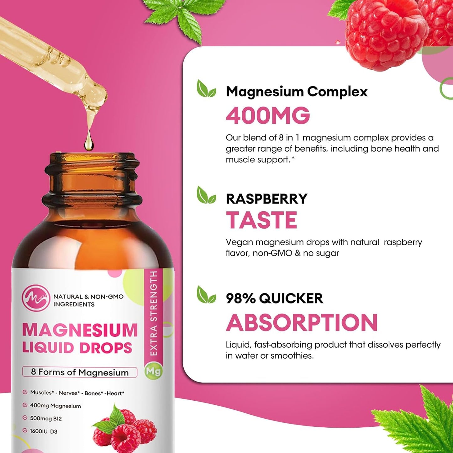 3 Pack Magnesium Liquid Drops - 8 in 1 Complex Supplement for Brain, Sleep, Nerve, Muscle, Bone, Cramps, Heart - Non-GMO & Gluten-Free