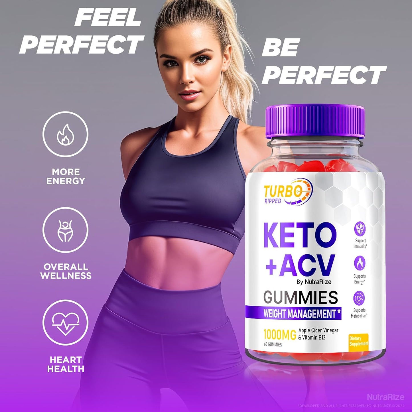 3 Pack NutraRize Turbo Ripped Keto ACV Gummies - Official Weight Loss Gummies with Apple Cider Vinegar 1000MG - Premium All Natural Formula - 180 Gummies