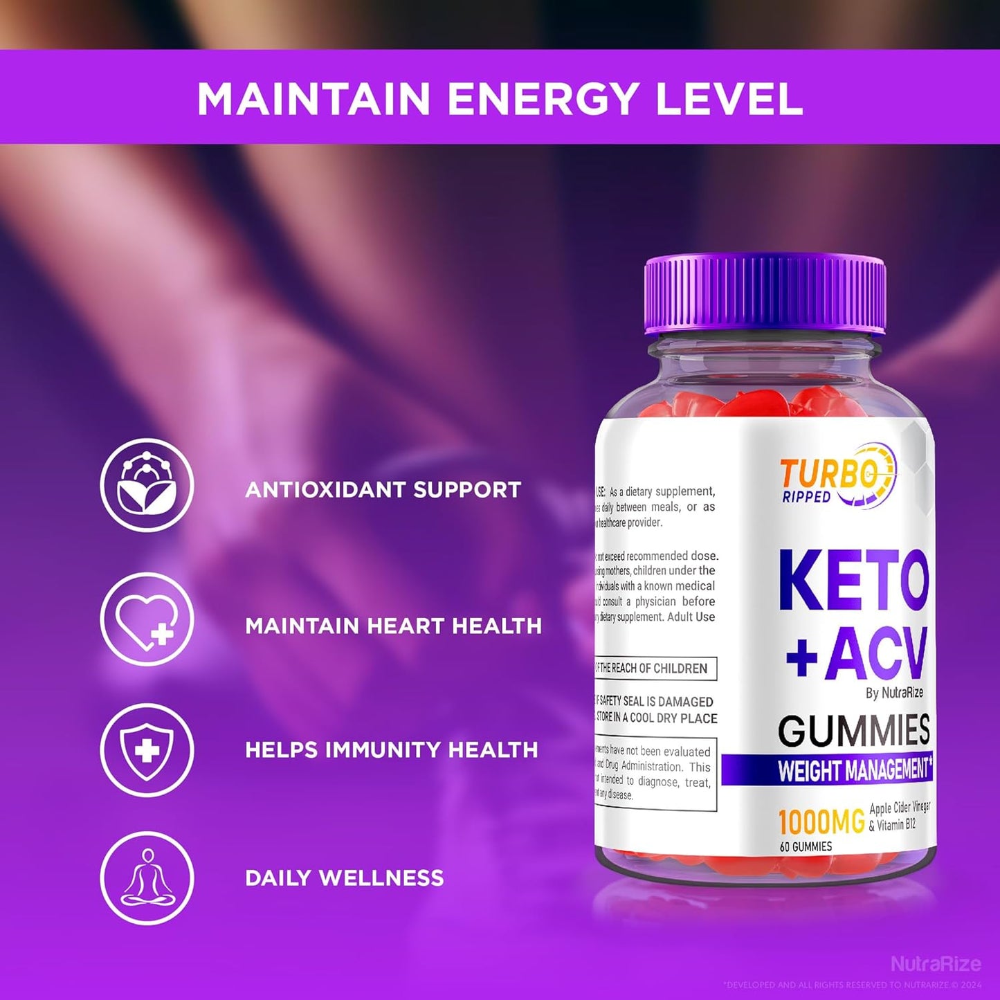3 Pack NutraRize Turbo Ripped Keto ACV Gummies - Official Weight Loss Gummies with Apple Cider Vinegar 1000MG - Premium All Natural Formula - 180 Gummies