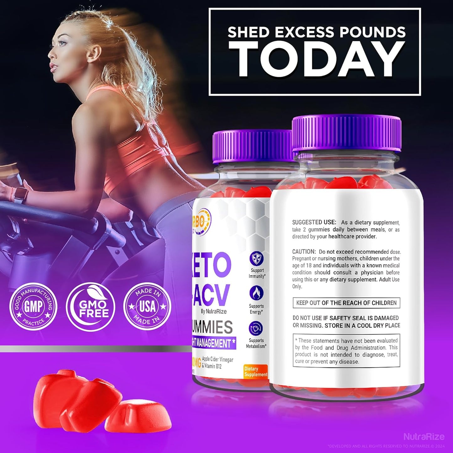 3 Pack NutraRize Turbo Ripped Keto ACV Gummies - Official Weight Loss Gummies with Apple Cider Vinegar 1000MG - Premium All Natural Formula - 180 Gummies