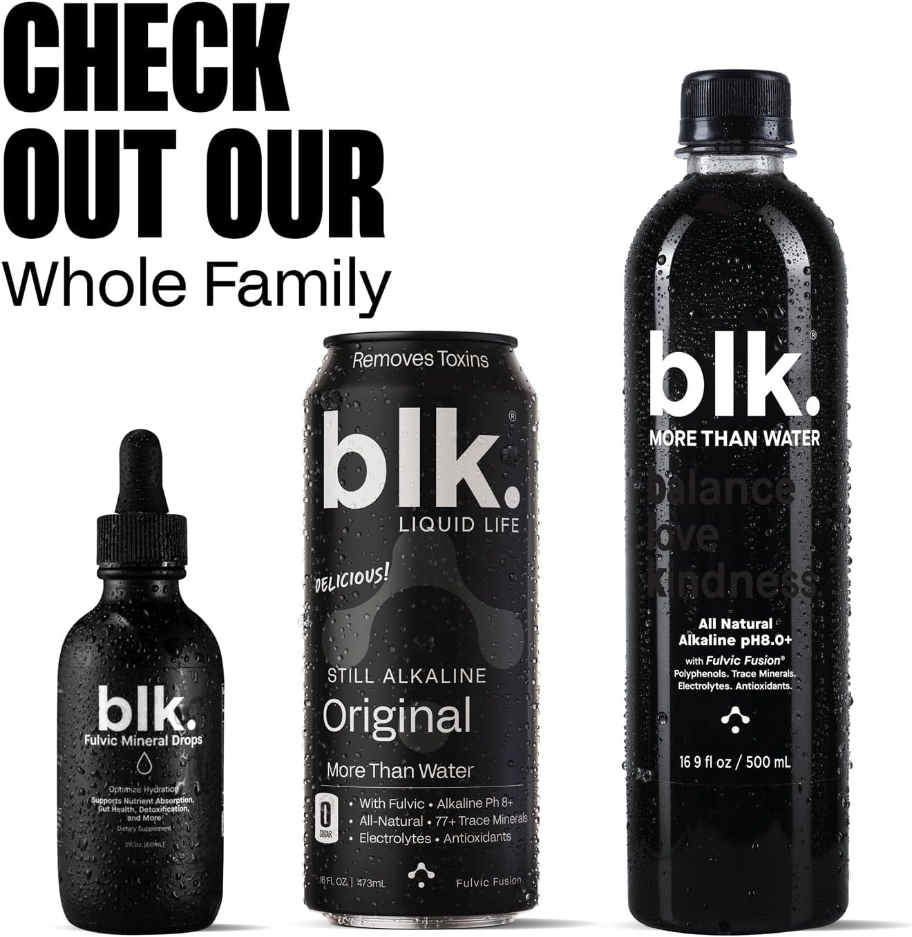 3-Pack of blk. PH 8+ Alkaline Water Drops with Electrolytes, Fulvic, and Amino Acids - 2oz. Bottle - Sugar-Free