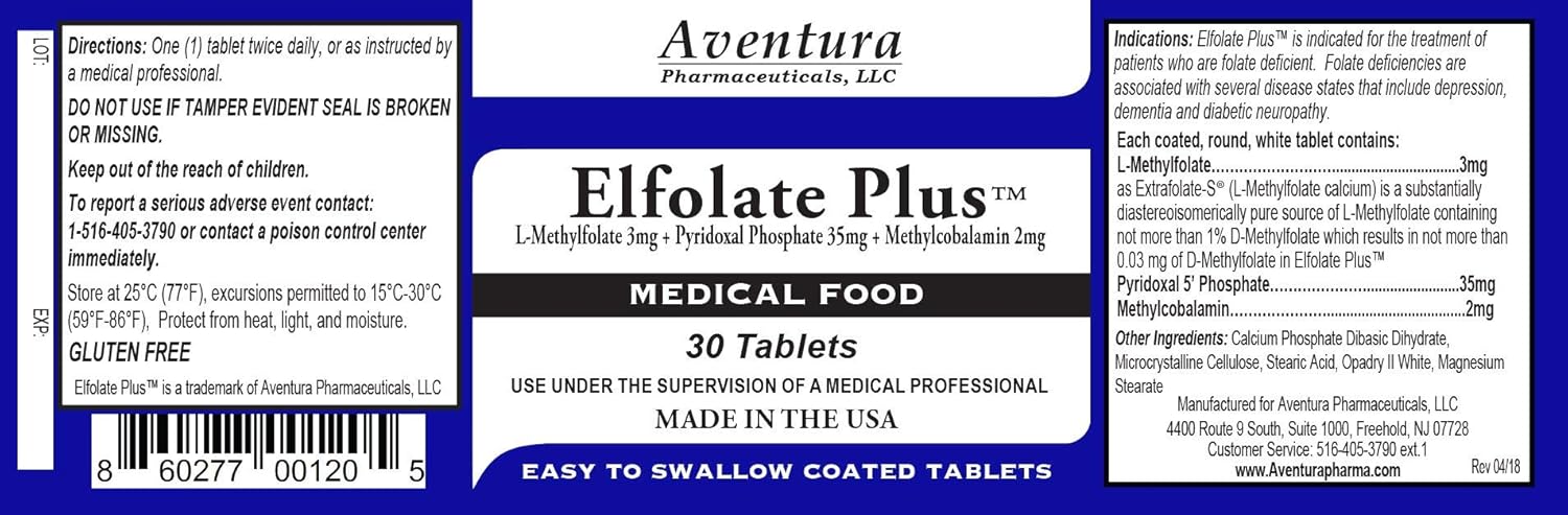 3 Pack of ELFOLATE Plus® 3mg L-Methylfolate Tablets - Professional Strength Medical Food Supplement with Pure Methyl Folate
