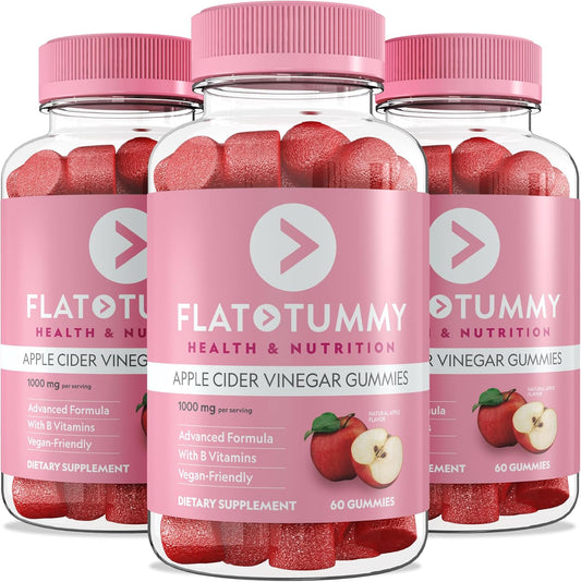 3 Pack of Flat Tummy Apple Cider Vinegar Gummies with Beet & Pomegranate Superfoods - Gut Health Support, Detox, Vegan, Non-GMO - 60 Count