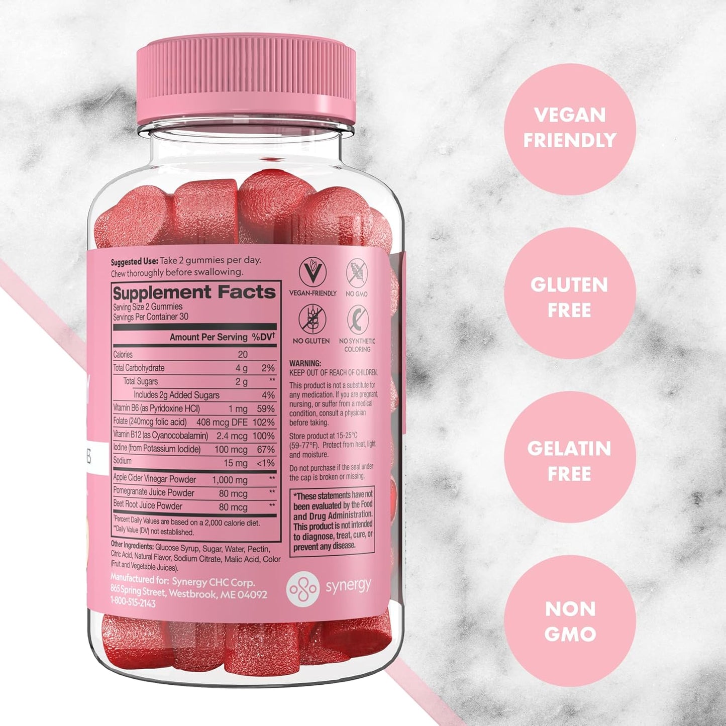 3 Pack of Flat Tummy Apple Cider Vinegar Gummies with Beet & Pomegranate Superfoods - Gut Health Support, Detox, Vegan, Non-GMO - 60 Count
