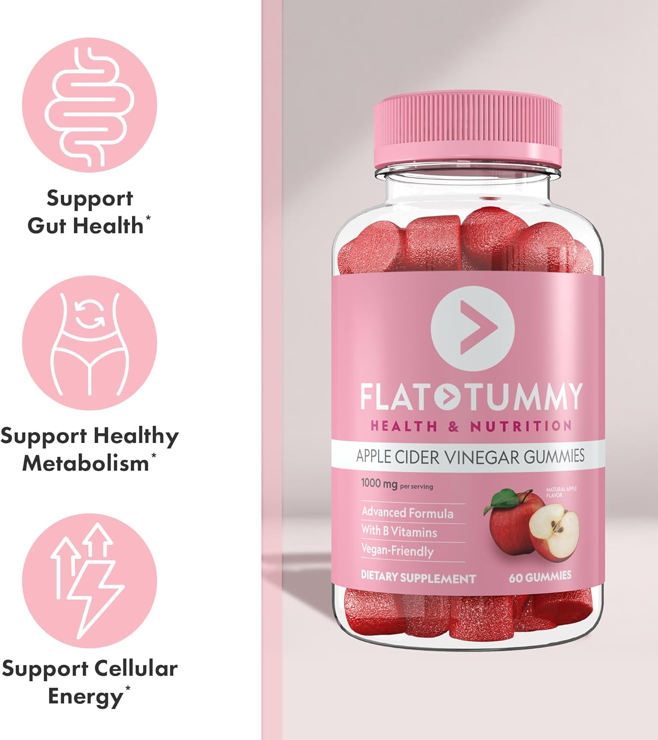 3 Pack of Flat Tummy Apple Cider Vinegar Gummies with Beet & Pomegranate Superfoods - Gut Health Support, Detox, Vegan, Non-GMO - 60 Count