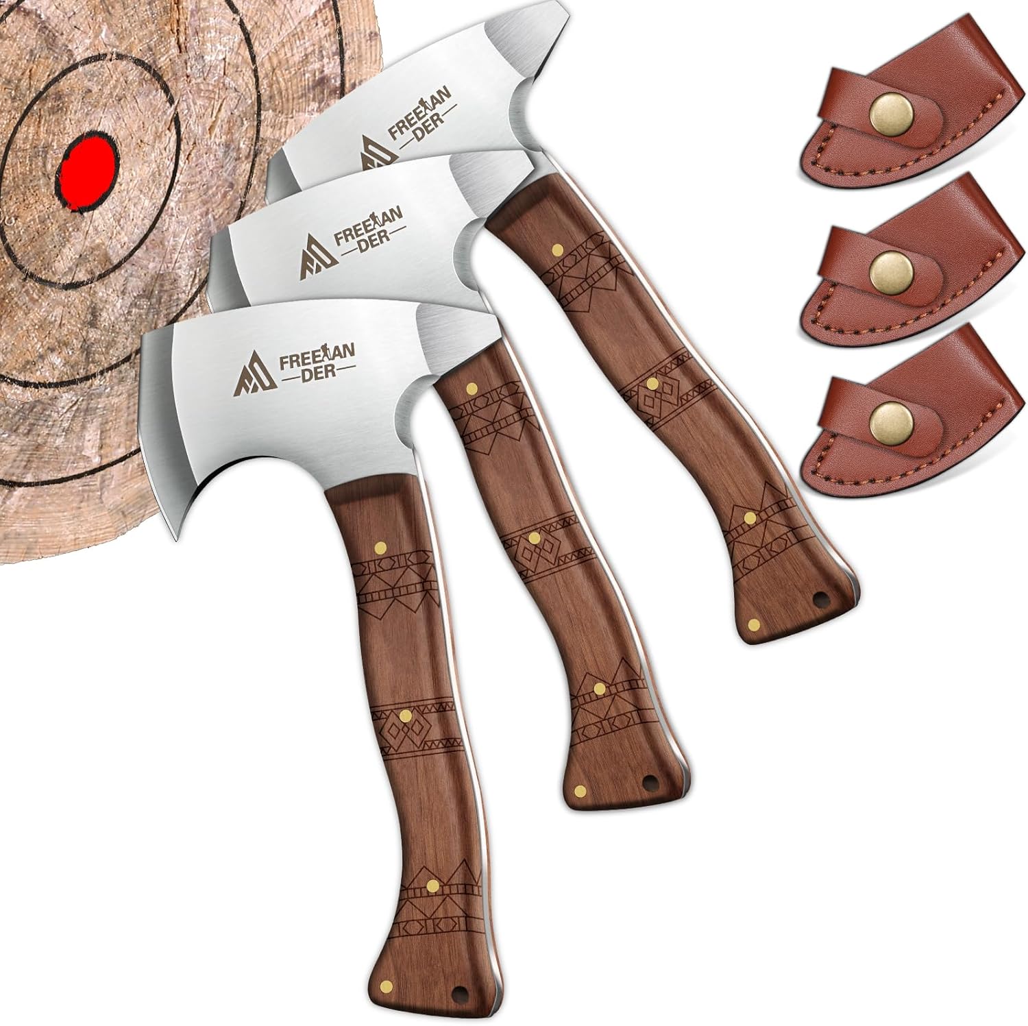 3 Pack of Freelander 8.3" Professional Viking Throwing Axes with Leather Sheath - High Carbon Stainless Steel Hatchets for Adults - Backyard Axe Throwing Game