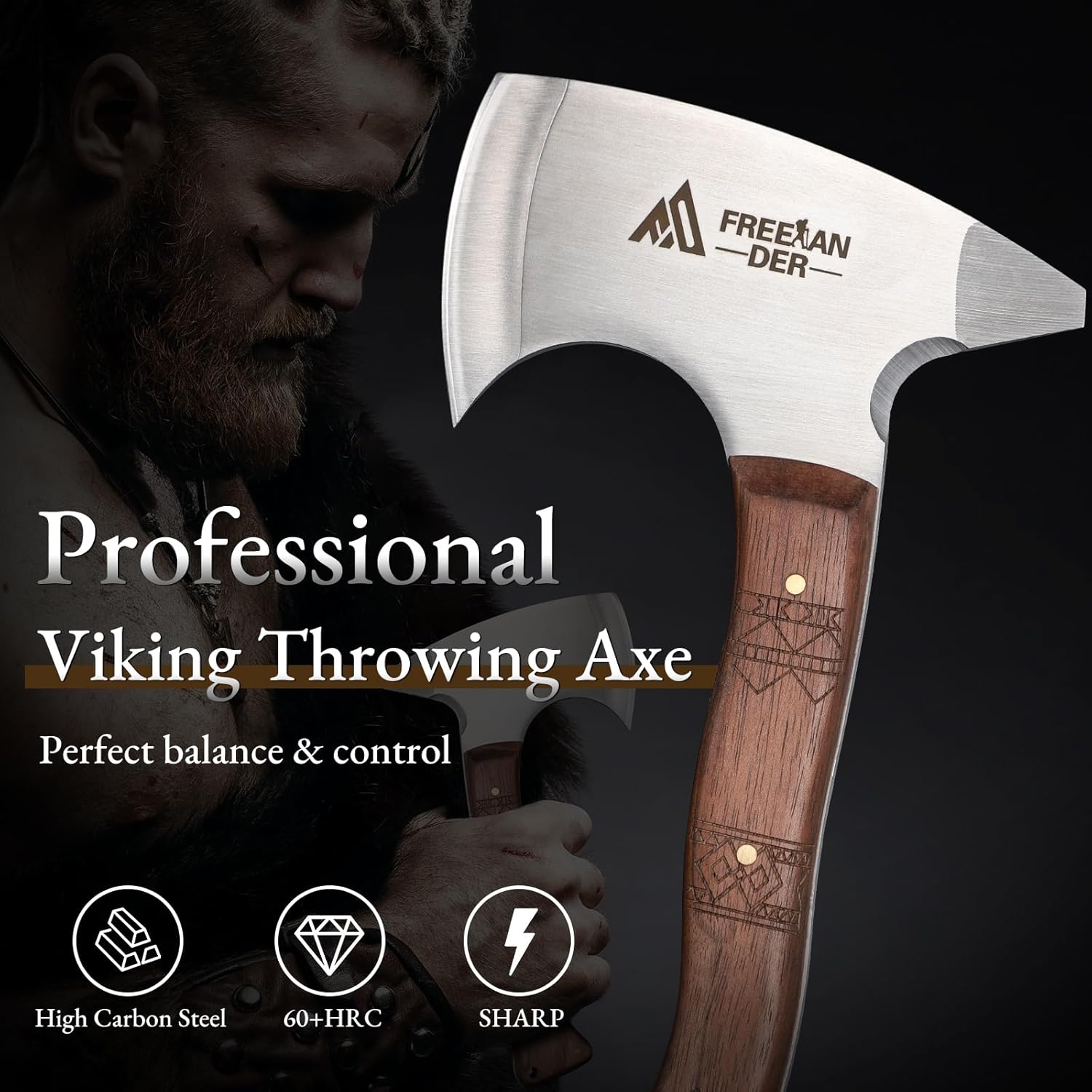 3 Pack of Freelander 8.3" Professional Viking Throwing Axes with Leather Sheath - High Carbon Stainless Steel Hatchets for Adults - Backyard Axe Throwing Game