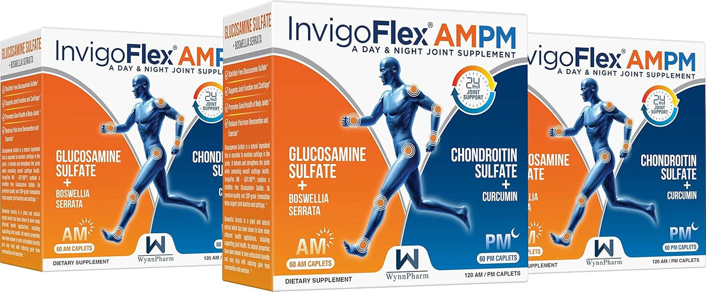 3-Pack of Generic INVIGOFLEX® AMPM Premium Joint Supplement with Glucosamine, Chondroitin, Turmeric, and Boswellia Serrata - Non GMO for Knees, Hands, Back, and Hip - 24-Hour Support
