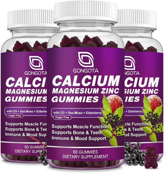 3 Pack of GONGOTA Calcium Magnesium Zinc Gummies with Vitamin D3 - Sugar Free, Vegan Formula for Bone, Teeth, and Muscle Support