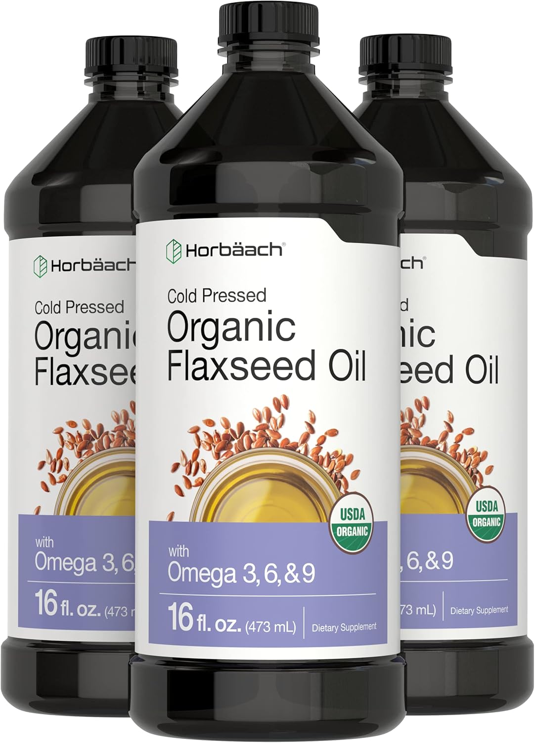 3 Pack of Horbäach Organic Flaxseed Oil - 16 fl oz Each - Cold Pressed - Omega 3, 6, 9 - Vegetarian, Non-GMO, Gluten Free