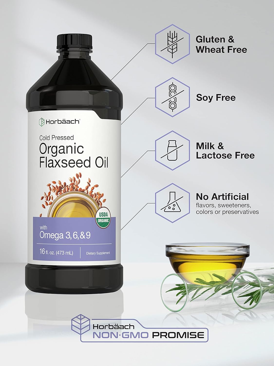 3 Pack of Horbäach Organic Flaxseed Oil - 16 fl oz Each - Cold Pressed - Omega 3, 6, 9 - Vegetarian, Non-GMO, Gluten Free