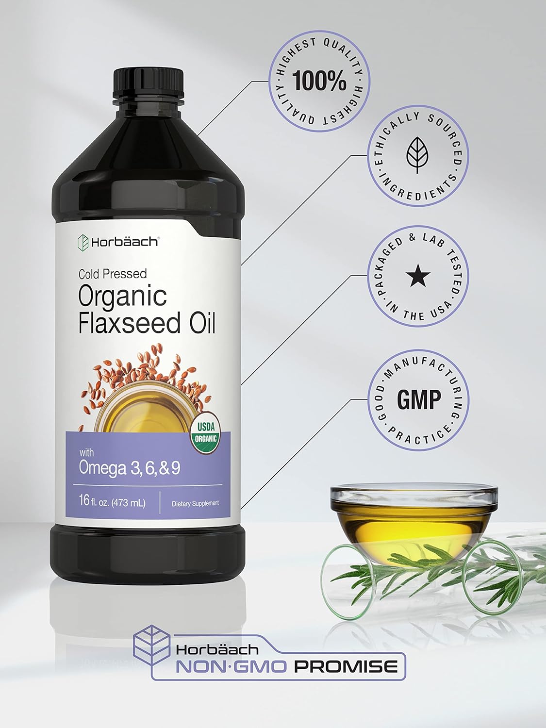3 Pack of Horbäach Organic Flaxseed Oil - 16 fl oz Each - Cold Pressed - Omega 3, 6, 9 - Vegetarian, Non-GMO, Gluten Free