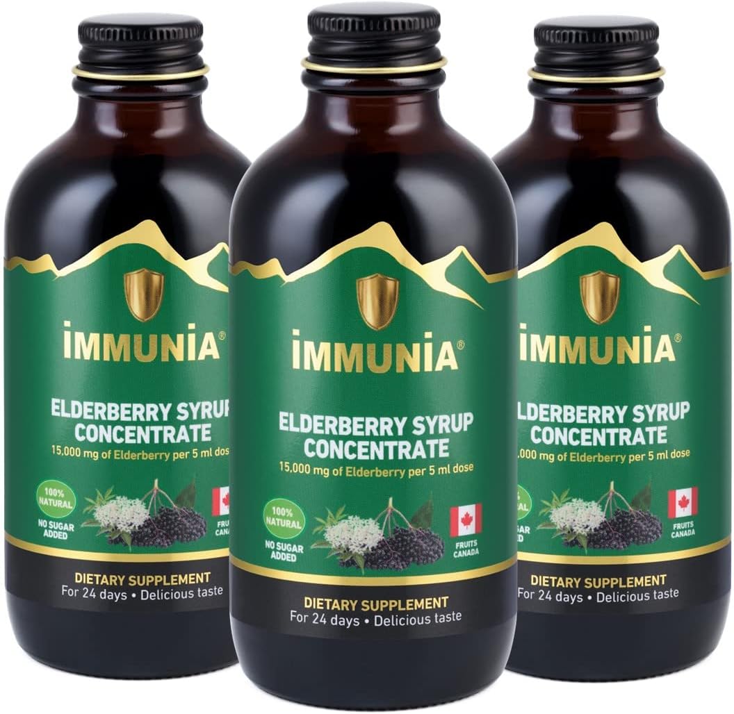 3-Pack of Immunia Elderberry Syrup with Elderflower, Thyme, Peppermint - Immune System Support, No Added Sugar, 24-Day Supply/Bottle