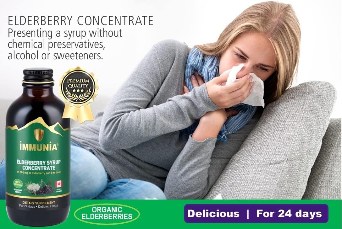 3-Pack of Immunia Elderberry Syrup with Elderflower, Thyme, Peppermint - Immune System Support, No Added Sugar, 24-Day Supply/Bottle