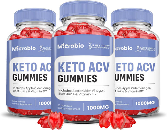 3 Pack of Justified Laboratories Microbio Keto ACV Gummies - Advanced Formula with Apple Cider Vinegar, Pomegranate, Beet Juice Powder, B12 - Vegan & Non GMO - 1000MG - 180 Gummies