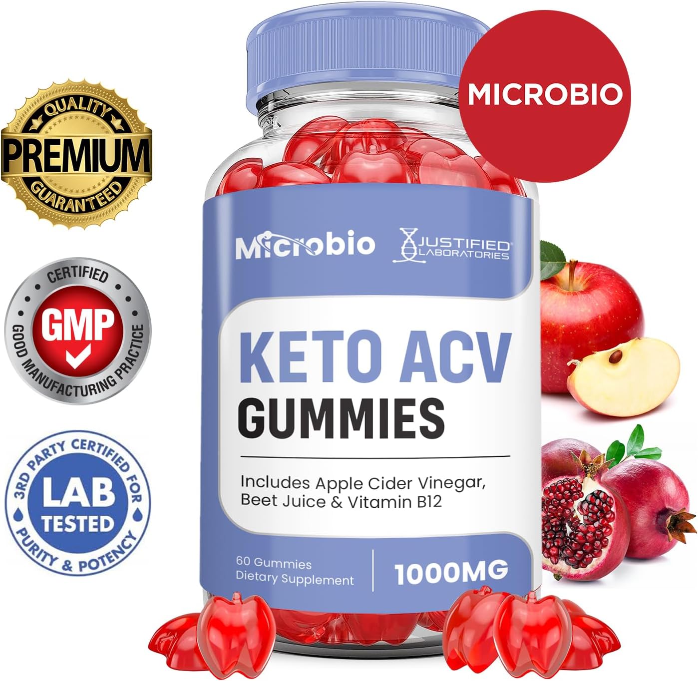 3 Pack of Justified Laboratories Microbio Keto ACV Gummies - Advanced Formula with Apple Cider Vinegar, Pomegranate, Beet Juice Powder, B12 - Vegan & Non GMO - 1000MG - 180 Gummies