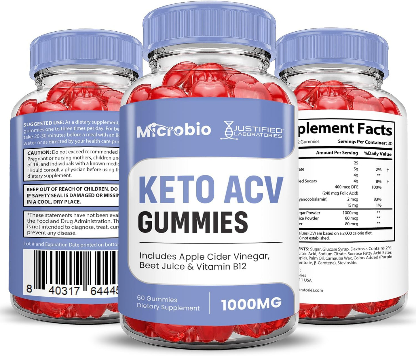 3 Pack of Justified Laboratories Microbio Keto ACV Gummies - Advanced Formula with Apple Cider Vinegar, Pomegranate, Beet Juice Powder, B12 - Vegan & Non GMO - 1000MG - 180 Gummies