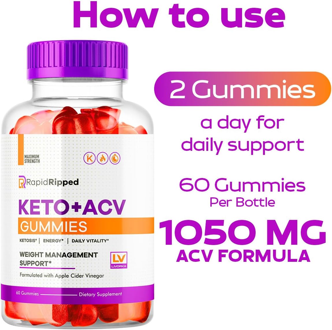 3 Pack of LIVORKA Rapid Ripped Keto ACV Gummies - 180 Gummies for 3 Months of Ripped Keto Support