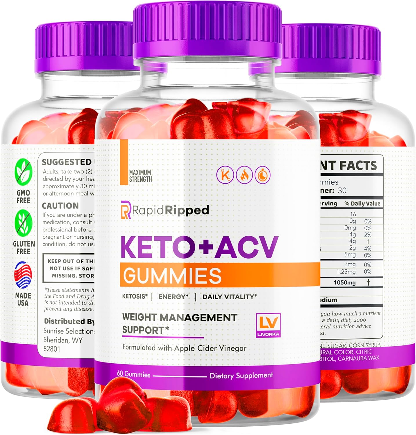 3 Pack of LIVORKA Rapid Ripped Keto ACV Gummies - 180 Gummies for 3 Months of Ripped Keto Support